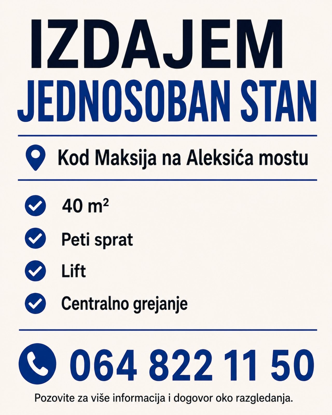 Izdaje se jednosoban stan kod Maksija na Aleksića mostu
